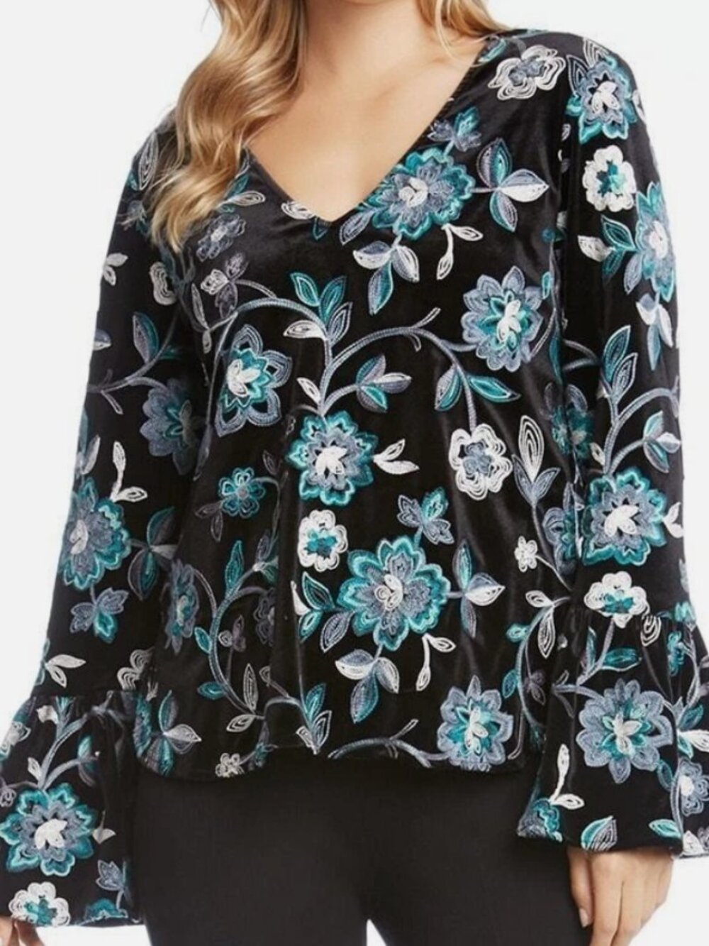 Karen Kane Embroidered Stretch Velvet Bell Sleeve Top